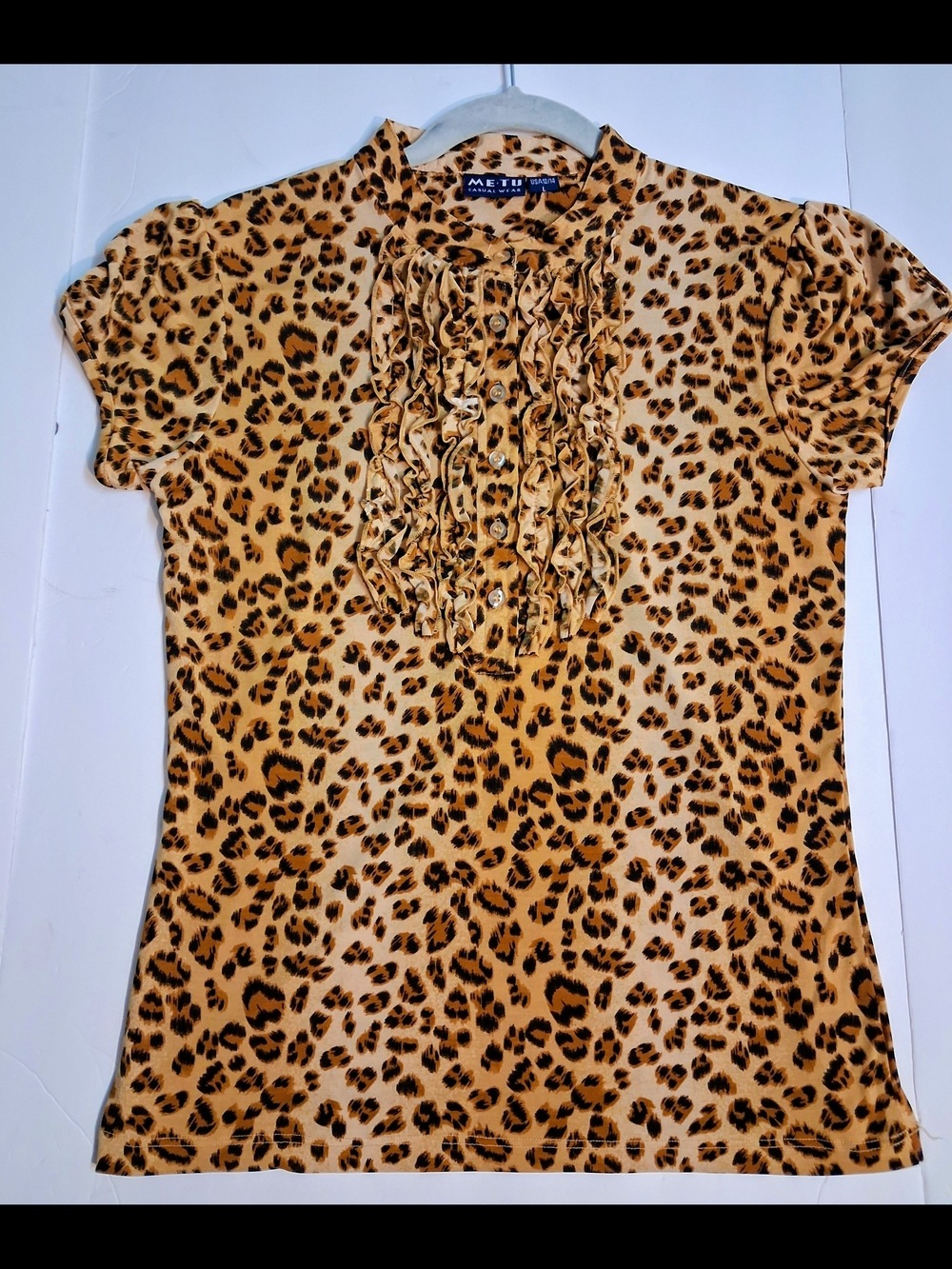Ruffled Leopard-Print Short Sleeve Blouse in Tan